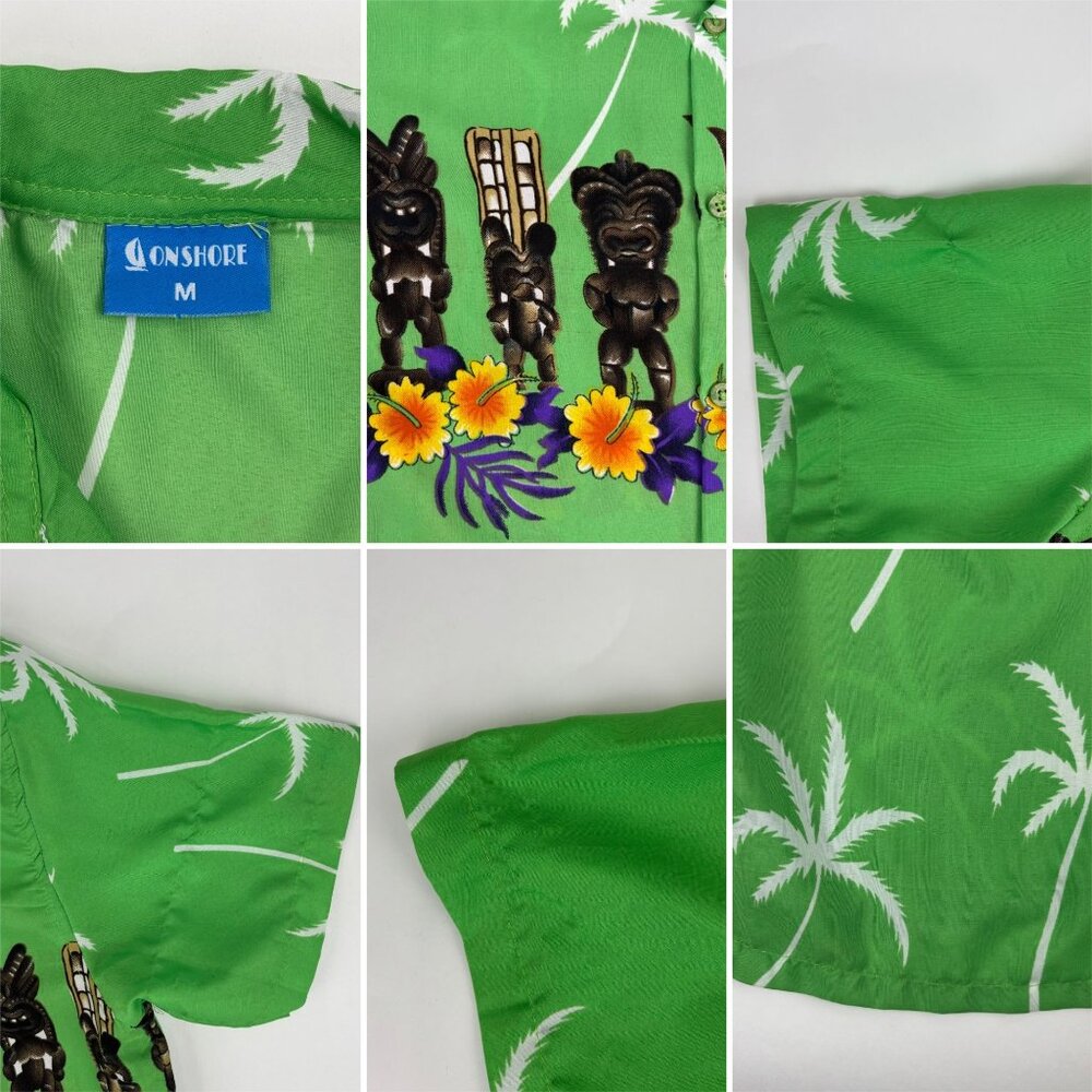 OnShore Hawaiian Shirt Mens Size Medium Green Tiki Statues Tropical Palm Trees S - Picture 9 of 11